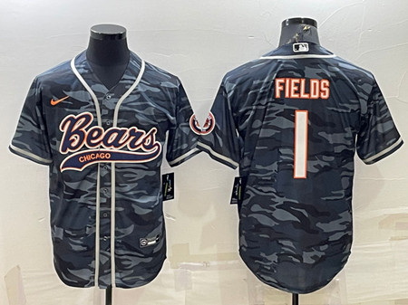 Men's Chicago Bears Blank #1 Justin Fields Gray Camo With Patch Cool Base Stitched Baseball Jersey